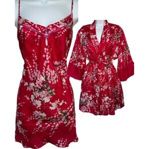 Vintage Red Cherry Blossom Nightgown Kimono Robe Silk Set Womens Sz M Medium Y2K